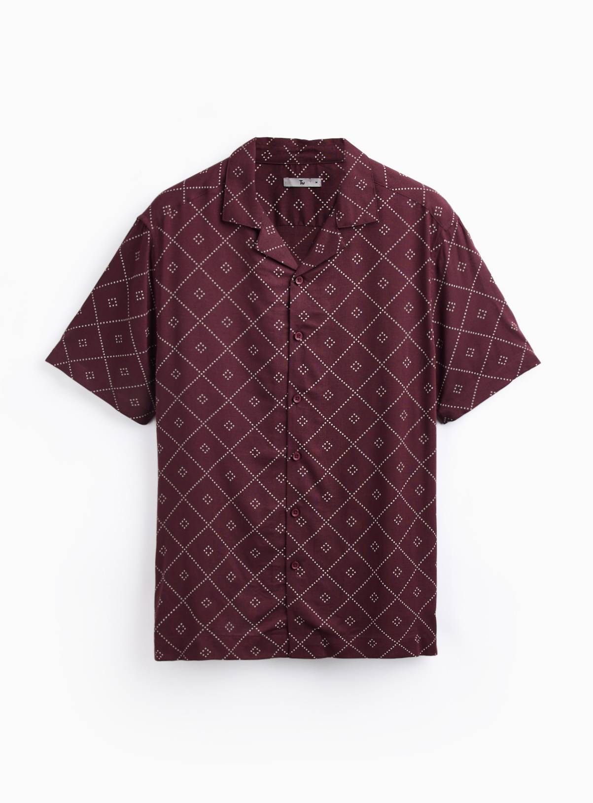 Dark Red Geo Print Slub Revere Neck Shirt M - Image 3
